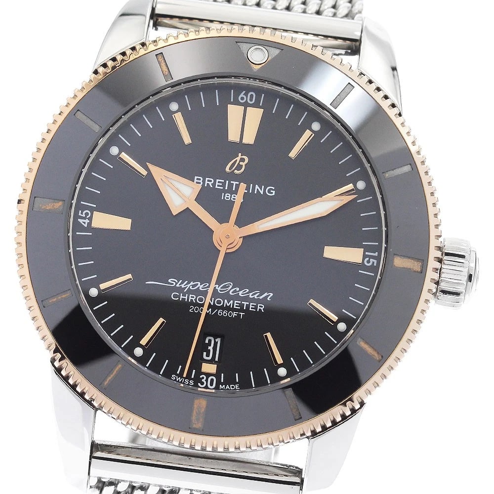 BREITLING SUPEROCEAN HERITAGE WATCH: BREITLING Superocean Heritage Watch Brand: BREITLING Type: Wristwatch Material: Band Material Stainless Steel, Case Material Stainless Steel/PG Color: Band Color Silver, Dial Color black, Case Colo