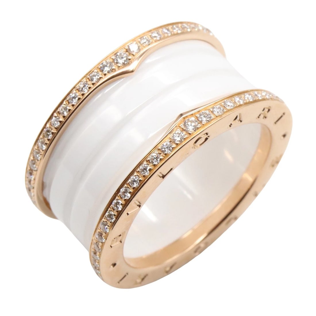 BVLGARI B-ZERO1 4-BAND DIAMOND RING: BVLGARI B-zero1 4-Band Diamond Ring Brand: BVLGARI Type: Ring Material: K18PG?Rose Gold? Color: Clear??ish colors Size: 7.25 US Accessories: None Accessories Notice: When purchasing pre-owned