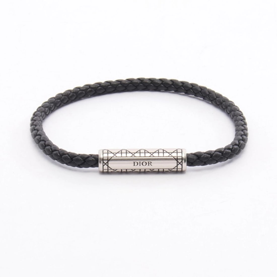 CHRISTIAN DIOR CANNAGE BRAIDED LEATHER BRACELET: Christian Dior Cannage Braided Leather Bracelet Brand: Dior Type: Bracelet Material: leather Color: Black??ish colors × Silver??ish colors Size: Size Band Length?19cm(7.5") Motif W?28mm x H?7mm(1