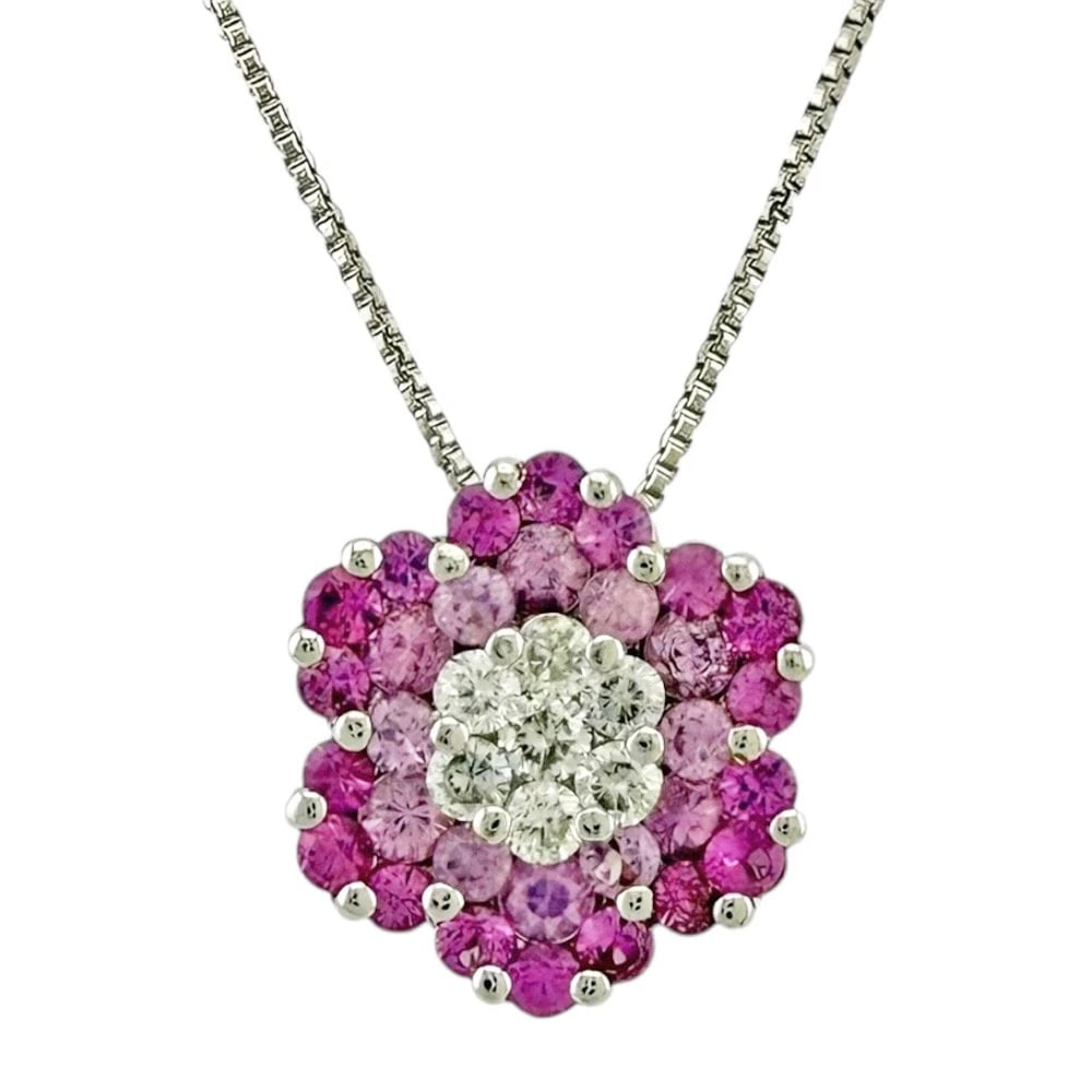 NECKLACE K18 WHITE GOLD PINK SAPPHIRE DIAMOND: Necklace K18 white gold Pink sapphire diamond Brand: Unbranded Type: Necklace Material: K18 white gold Main Stone/Creation Pink sapphire Color: White gold Size: Total Length:45cm Chain width:0.5mm