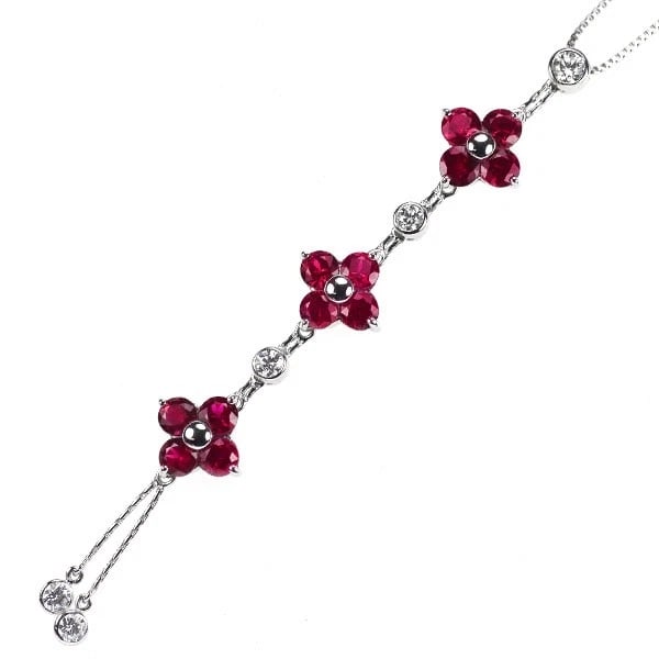 K18WG RUBY DIAMOND PENDANT NECKLACE: K18WG Ruby Diamond Pendant Necklace Brand: None Type: Pendant Necklace Material: Metal Purity None Metal K18WG Main Stone/Creation Ruby Color: White Gold Size: Necklace: Chain Length ?45