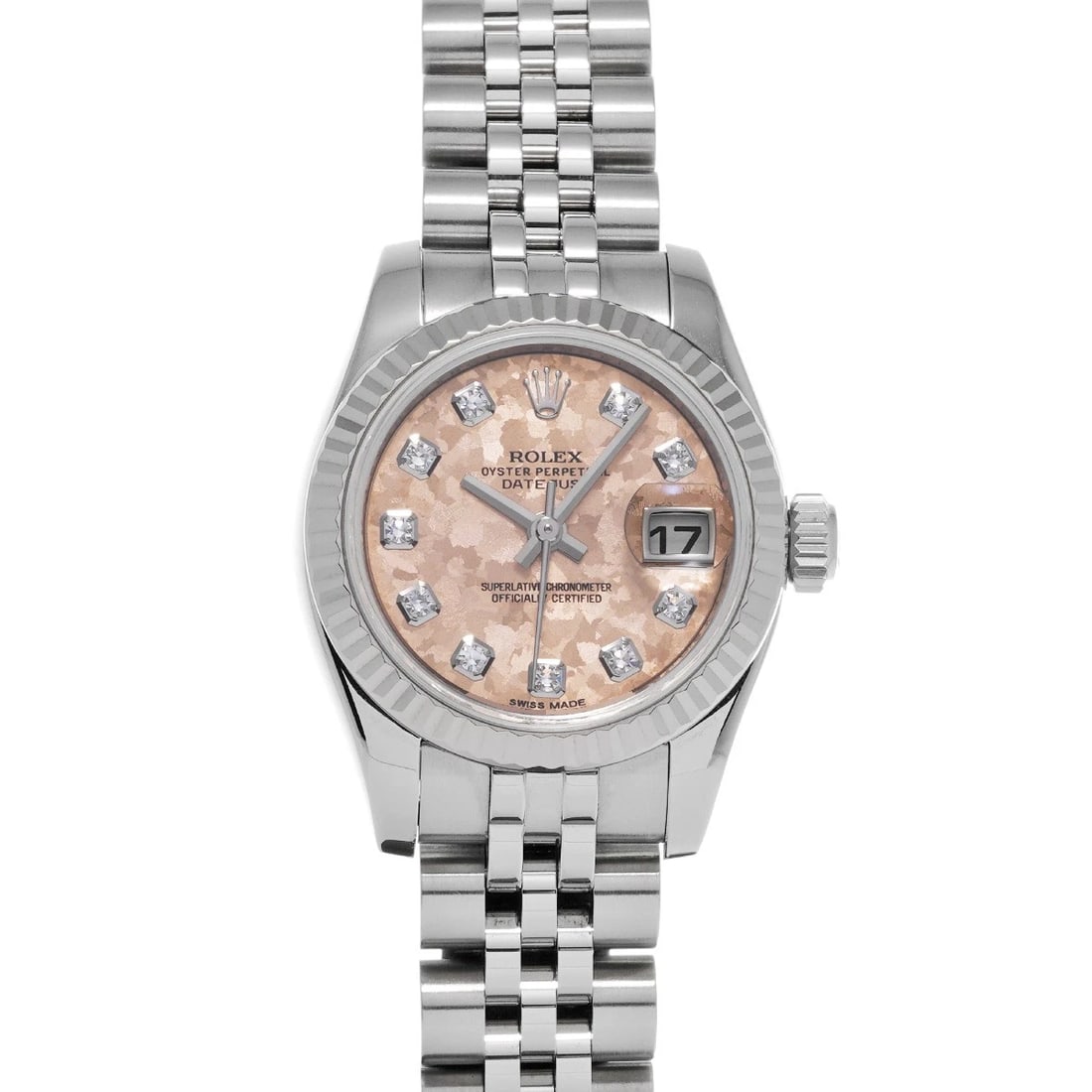 ROLEX DATEJUST PINK GOLD CRYSTAL DIAMOND WATCH: ROLEX Datejust Pink gold crystal diamond Watch Brand: ROLEX Type: Wristwatch Material: Band Material Stainless steel, Case Material Stainless steel Color: Dial Color Pink gold crystal/diamond 