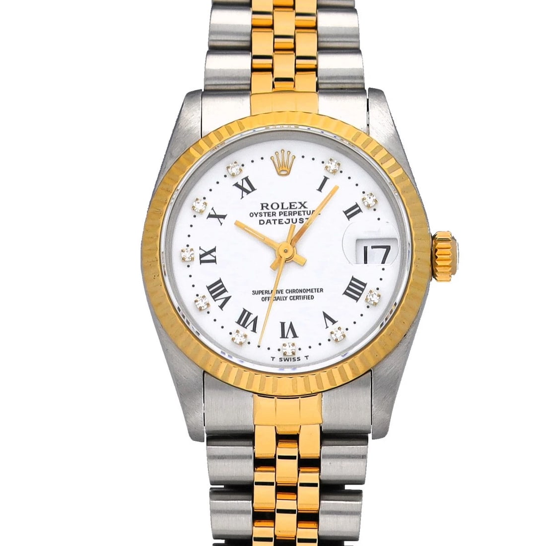 ROLEX DATEJUST WHITE DIAMOND WATCH: ROLEX Datejust white diamond Watch Brand: ROLEX Type: Wristwatch Material: Band Material Stainless steel/Yellow Gold, Case Material Stainless steel Color: Dial Color white/diamond Size: