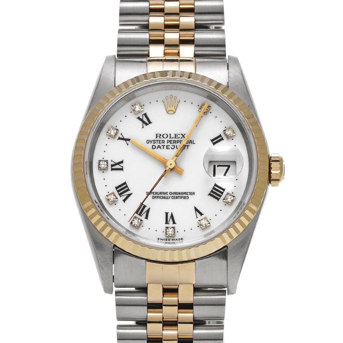 ROLEX DATEJUST WHITE DIAMOND WATCH: ROLEX Datejust white diamond Watch Brand: ROLEX Type: Wristwatch Material: Band Material Stainless steel/Yellow Gold, Case Material Stainless steel Color: Dial Color white/diamond Size: ??Case? H/
