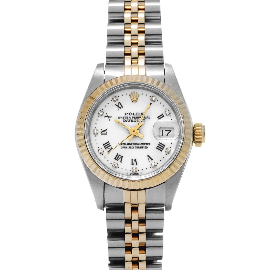 ROLEX DATEJUST WHITE DIAMOND WATCH: ROLEX Datejust white diamond Watch Brand: ROLEX Type: Wristwatch Material: Band Material Stainless steel/Yellow Gold, Case Material Stainless steel Color: Dial Color white/diamond Size: ??Case? H/