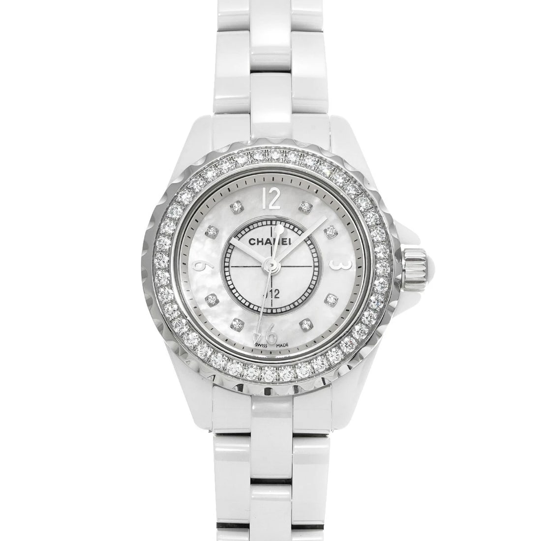 CHANEL J12 WHITE SHELL DIAMOND WATCH: CHANEL J12 White shell diamond Watch Brand: CHANEL Type: Wristwatch Material: Band Material ceramic, Case Material ceramic/Stainless steel Color: Dial Color White shell/diamond Size: ??Case?