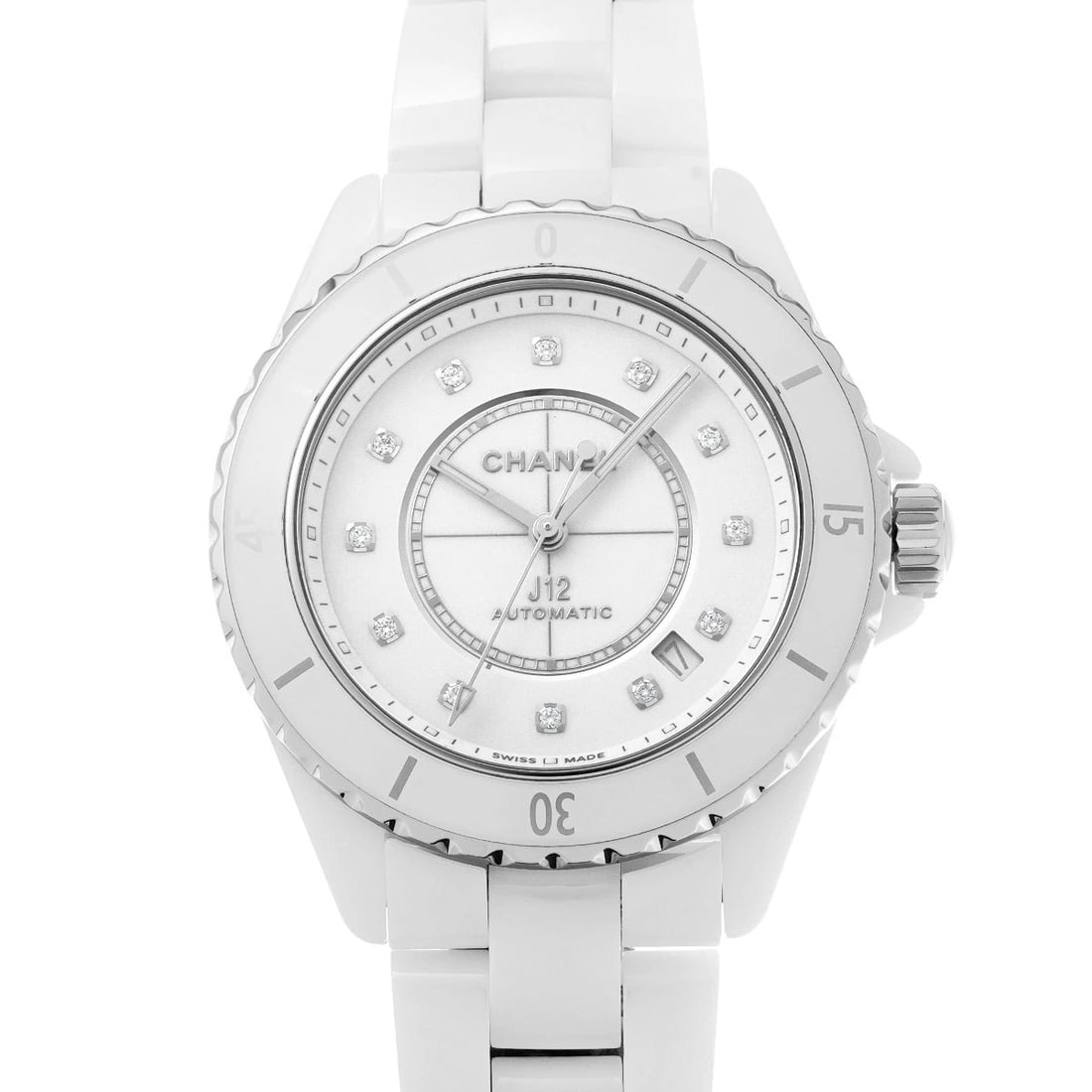 CHANEL J12 CALIBER WHITE LACQUER DIAMOND WATCH: CHANEL J12 Caliber White lacquer diamond Watch Brand: CHANEL Type: Wristwatch Material: Band Material ceramic, Case Material ceramic Color: Dial Color White lacquer/diamond Size: ??Case?