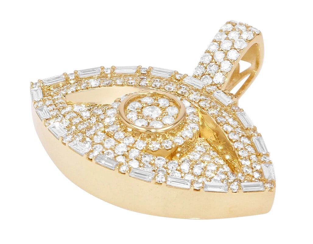 REAL BAGUETTE DIAMOND EVIL EYE PENDANT 10K YELLOW GOLD: Real Baguette Diamond Evil Eye Pendant 10k Yellow Gold Brand: None Type: Pendant Material: 10k Yellow Gold Main Stone/Creation Natural Color: Yellow Gold Size: Dimension L 1.2" x W 1.2" x H 7mm A