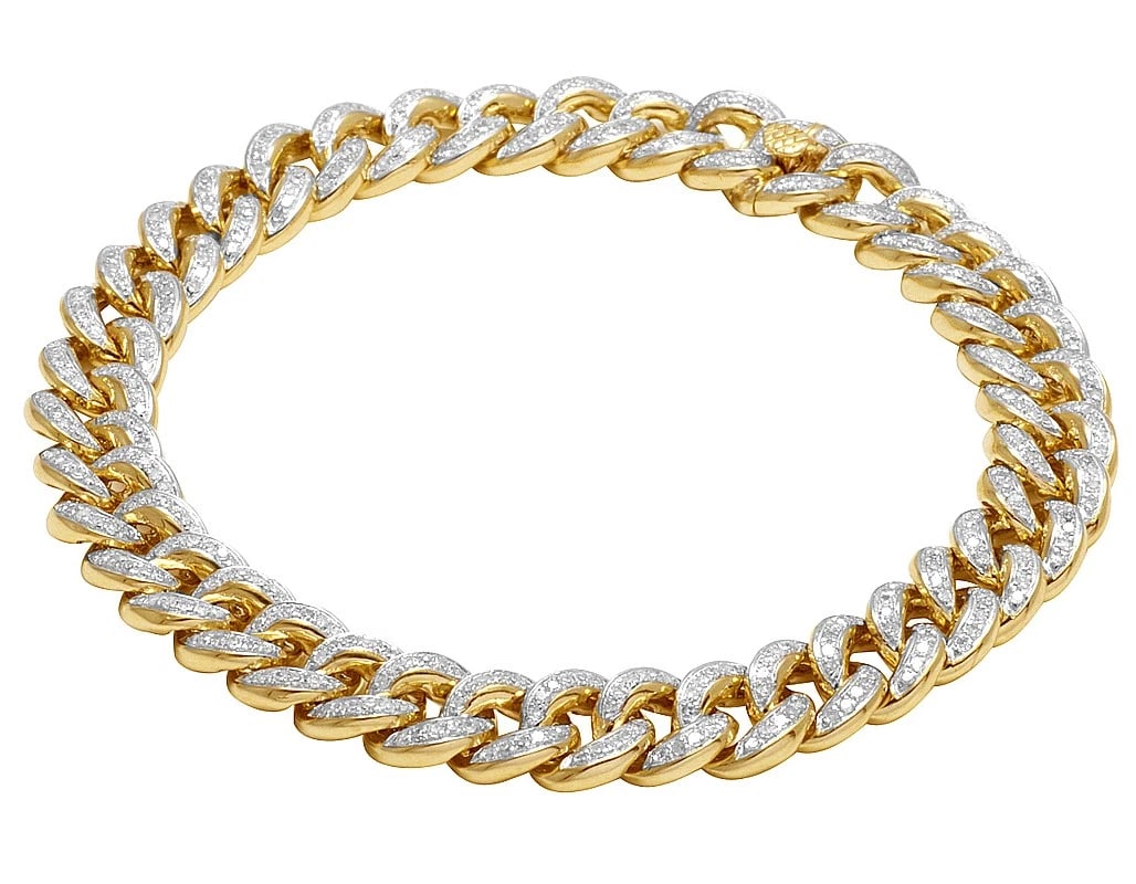 14K YELLOW GOLD GENUINE DIAMOND CUBAN LINK BRACELET: 14K Yellow Gold Genuine Diamond Cuban Link Bracelet Brand: None Type: Bracelet Material: 14k Yellow Gold Color: Yellow Gold Size: Length 8.5 in Width 10mm Accessories: None Accessories Not