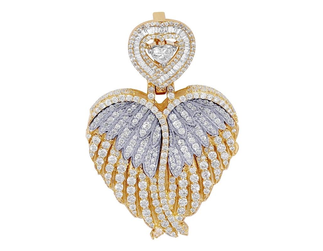 ANGEL WING HEART MEMORY PHOTO ENGRAVE DIAMOND PENDANT: Angel Wing Heart Memory Photo Engrave Diamond Pendant Brand: None Type: Necklace Material: 10k Yellow Gold Main Stone/Creation Natural Color: Yellow Gold Size: Dimension 2.2" Accessories: None
