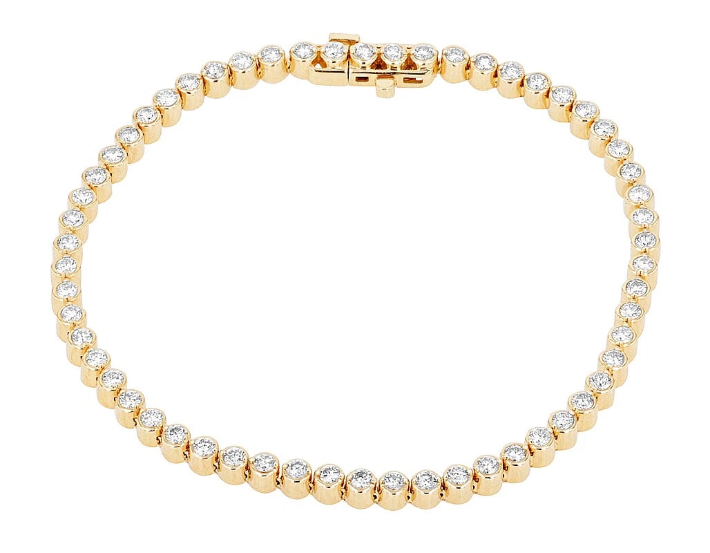 BEZEL-SET REAL DIAMOND TENNIS BRACELET: Bezel-Set Real Diamond Tennis Bracelet Brand: None Type: Bracelet Material: 14k Yellow Gold Main Stone/Creation Natural Color: Yellow Gold Size: Dimension W 3mm, L 7" Accessories: None Acc