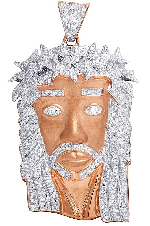 DIAMOND JESUS FACE MATT FINISH PENDANT: Diamond Jesus Face Matt Finish Pendant Brand: None Type: Pendant Material: 10k Rose Gold Main Stone/Creation Natural Color: Rose Gold Size: Dimension 2.5" Accessories: None Accessories Not