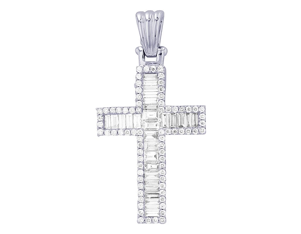 BAGUETTE CROSS REAL DIAMOND PENDANT 14K WHITE GOLD (1 of 3)
