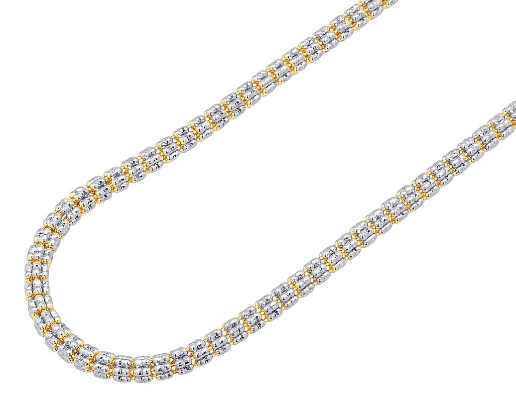 10K YELLOW GOLD DIAMOND CUT ICE CHAIN: 10K Yellow Gold Diamond Cut Ice Chain Brand: None Type: Necklace Material: 10k Yellow Gold Main Stone/Creation Natural Color: Yellow Gold Size: Length 16-26 inches Width 5.0mm Accessories: None