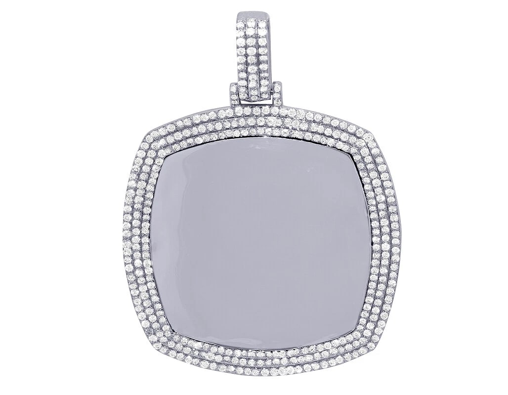 SQUARE REAL DIAMOND MEMORY FRAME PENDANT: Square Real Diamond Memory Frame Pendant Brand: None Type: Necklace Material: 14k White Gold Main Stone/Creation Natural Color: White Gold Size: Dimension 2.5" Accessories: None Accessories
