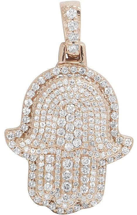 14K ROSE GOLD DIAMOND ICED 3D HAMSA PENDANT: 14K Rose Gold Diamond Iced 3D Hamsa Pendant Brand: None Type: Necklace Material: 14k Rose Gold Main Stone/Creation Natural Color: Rose Gold Size: Dimension 1.5" Accessories: None Accessories
