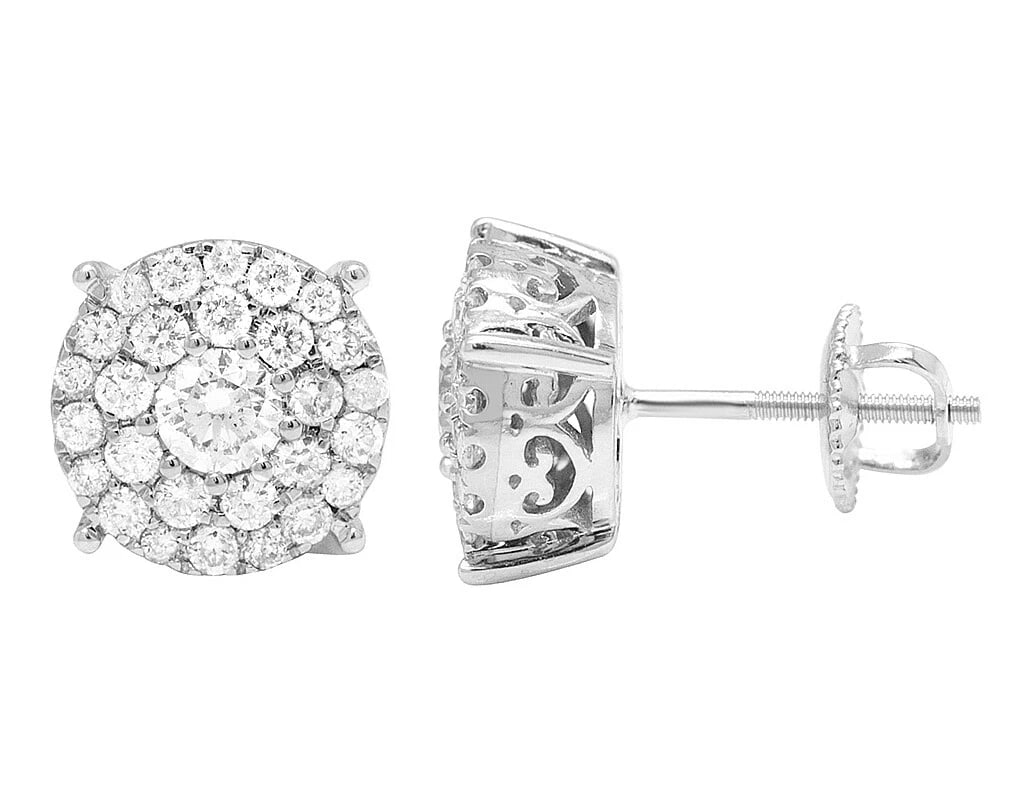 10K GOLD 4 PRONG DOUBLE HALO FLOWER CLUSTER REAL DIAMOND STUD EARRINGS: 10k Gold 4 Prong Double Halo Flower Cluster Real Diamond stud Earrings Brand: None Type: Earrings Material: 10k White Gold Color: White Gold Size: Dimension 10MM Accessories: None Accessories