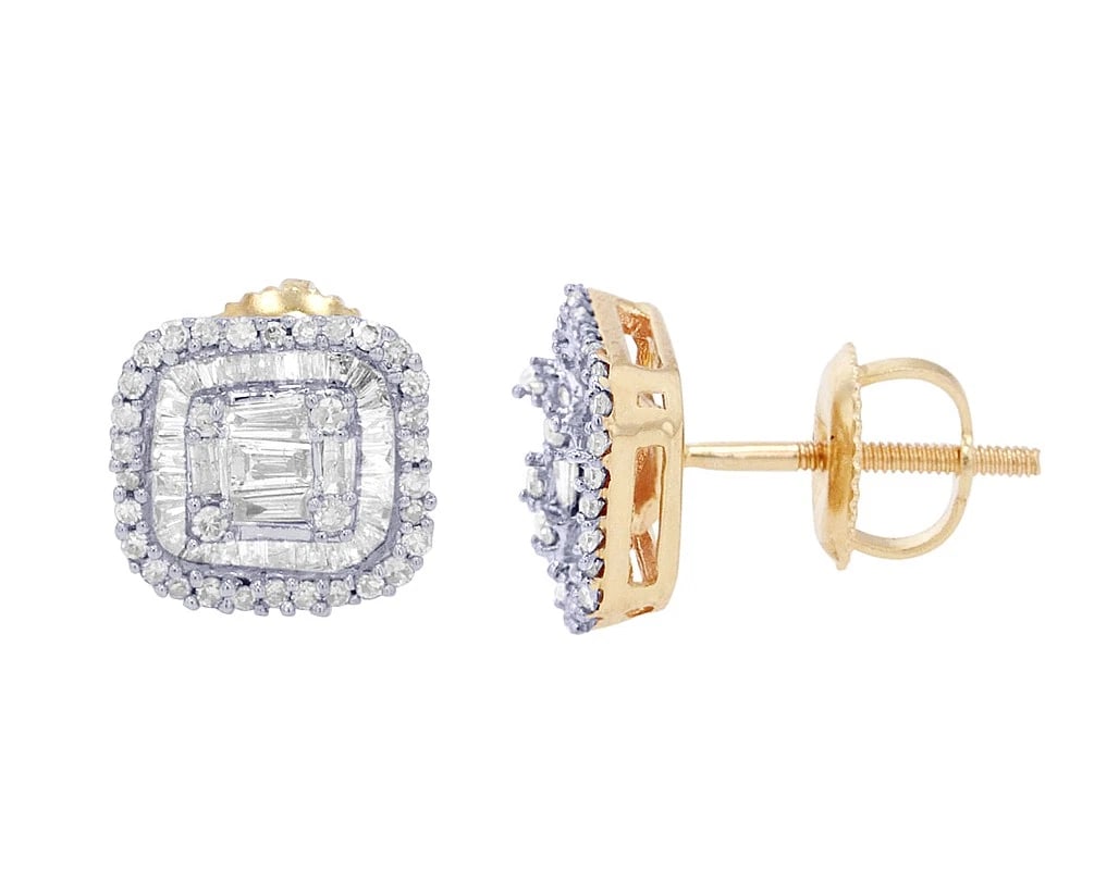 RECTANGULAR CLUSTER BAGUETTE REAL DIAMOND STUD EARRINGS: Rectangular Cluster Baguette Real Diamond Stud Earrings Brand: None Type: Earrings Material: 10K Yellow-White Gold Main Stone/Creation Natural Color: Yellow-White Gold Size: Dimension W 8.5mm,