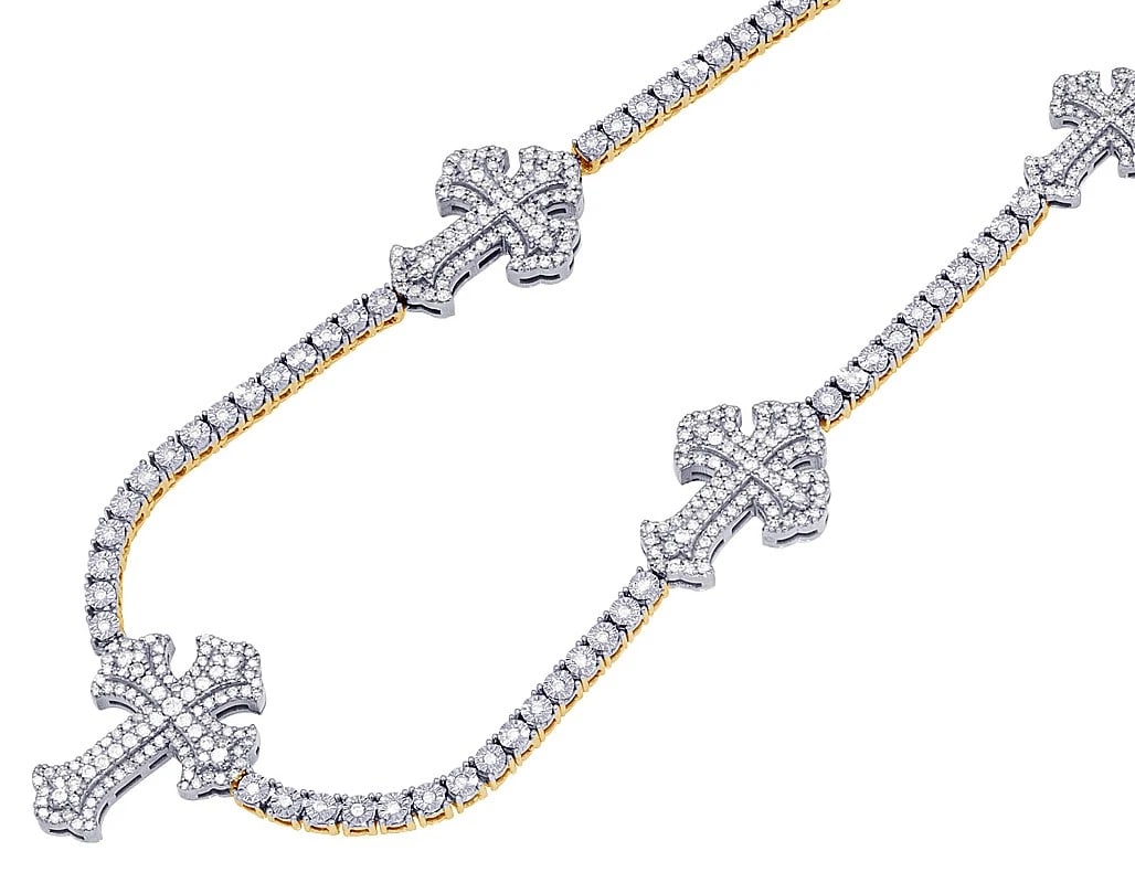5 CROSS REAL DIAMOND ILLUSION TENNIS NECKLACE: 5 Cross Real Diamond Illusion Tennis Necklace Brand: None Type: Necklace Material: 10k Yellow-White Gold Main Stone/Creation Natural Color: Yellow-White Gold Size: Length 20 Inches Width Cross 22m