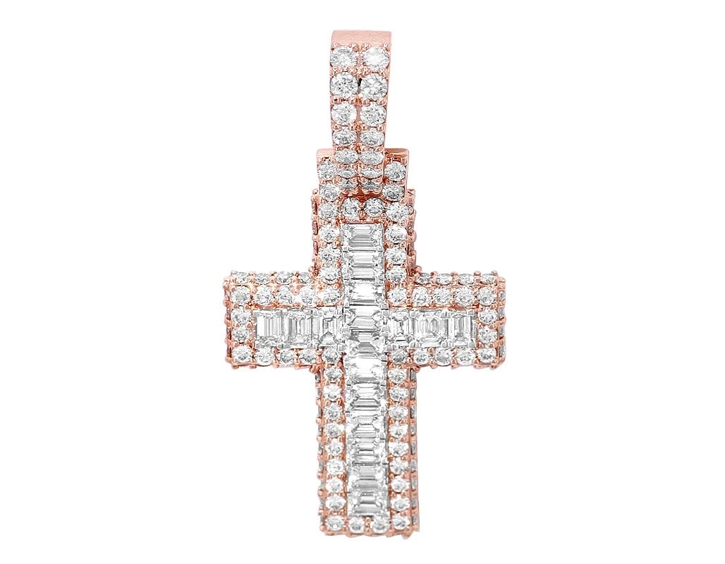 UNISEX REAL EMERALD-CUT DIAMOND CROSS PENDANT 14K ROSE GOLD: Unisex Real Emerald-Cut Diamond Cross Pendant 14K Rose Gold Brand: None Type: Necklace Material: 14k Rose Gold Main Stone/Creation Natural Color: Rose Gold Size: Dimension 1.8" x 1" x 3mm Accesso