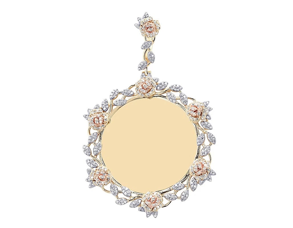 FLORAL ROSE DIAMOND ROUND MEMORY PENDANT: Floral Rose Diamond Round Memory Pendant Brand: None Type: Necklace Material: 10k Multi-Tone Gold Main Stone/Creation Natural Color: Yellow Gold Size: Dimension Diameter 45MM Bail 4MM 
