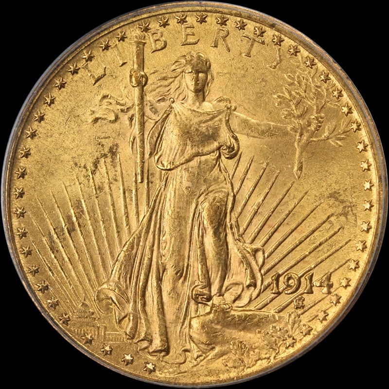 1914-P SAINT-GAUDENS GOLD $20: 1914-P Saint-Gaudens Gold $20 Year: 1914 Fineness: 0.9 Composition: Gold Denomination: $20 Country of Origin: United States Accessories: None Accessories Notice: When purchasing pre-owned