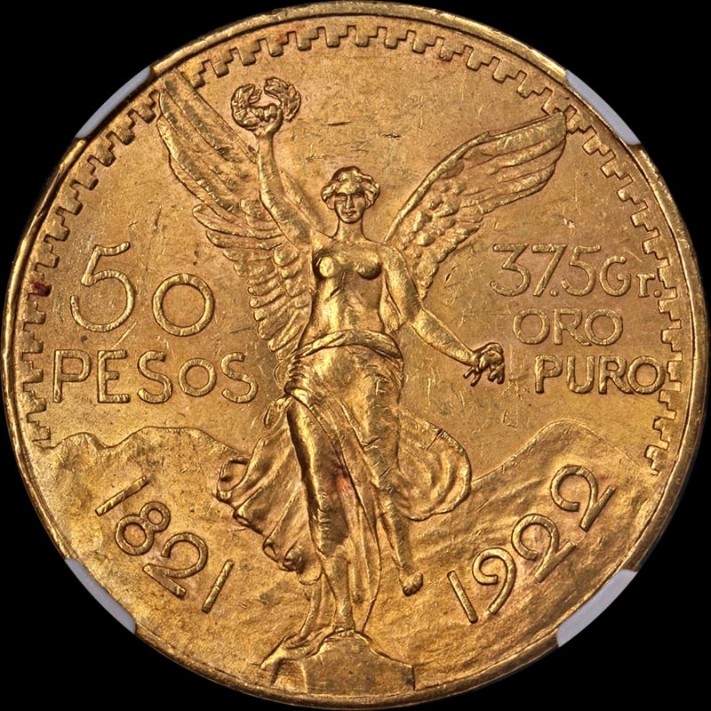 1922 MEXICO GOLD 50 PESO: 1922 Mexico Gold 50 Peso Year: 1922 Fineness: 0.9 Composition: Gold Denomination: 50 Peso Country of Origin: Mexico Accessories: None Accessories Notice: When purchasing pre-owned goods,