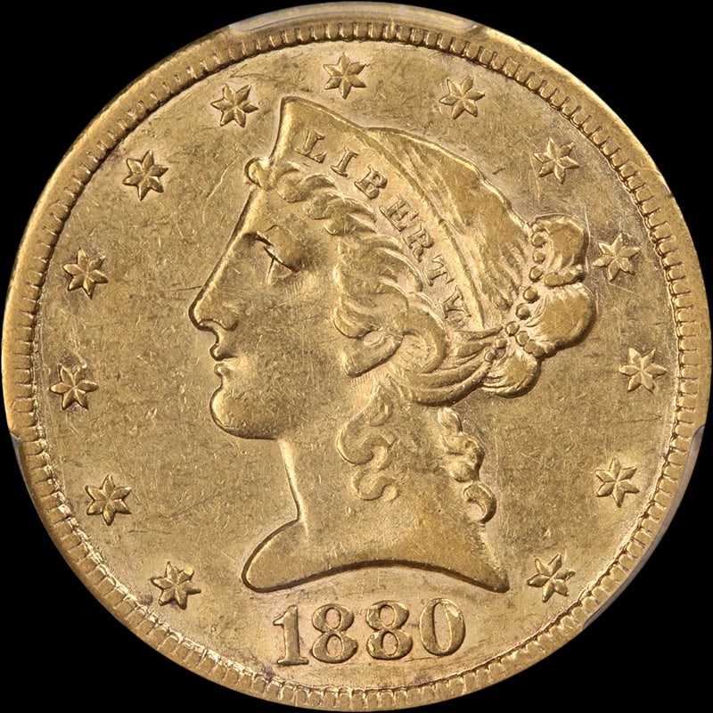 1880-CC LIBERTY GOLD $5: 1880-CC Liberty Gold $5 Year: 1880 Fineness: 0.9 Composition: Gold Denomination: $5 Country of Origin: United States Accessories: None Accessories Notice: When purchasing pre-owned goods,