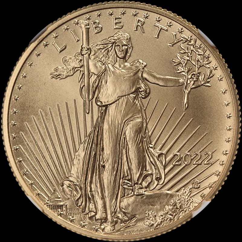 2022 GOLD AMERICAN EAGLE $25: 2022 Gold American Eagle $25 Year: 2022 Fineness: 0.9167 Composition: Gold Denomination: $25 Country of Origin: United States Accessories: None Accessories Notice: When purchasing pre-owned