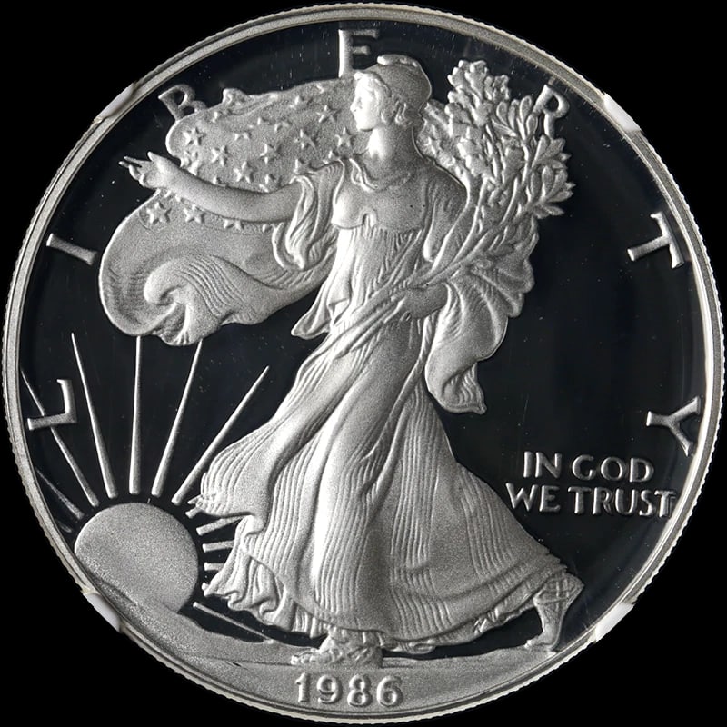 1986-S SILVER AMERICAN EAGLE $1: 1986-S Silver American Eagle $1 Year: 1986 Fineness: 0.999 Composition: Silver Denomination: $1 Country of Origin: United States Accessories: None Accessories Notice: When purchasing