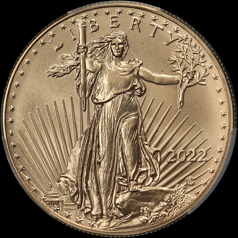 2022 GOLD AMERICAN EAGLE $50: 2022 Gold American Eagle $50 Year: 2022 Fineness: 0.9167 Composition: Gold Denomination: $50 Country of Origin: United States Accessories: None Accessories Notice: When purchasing pre-owned