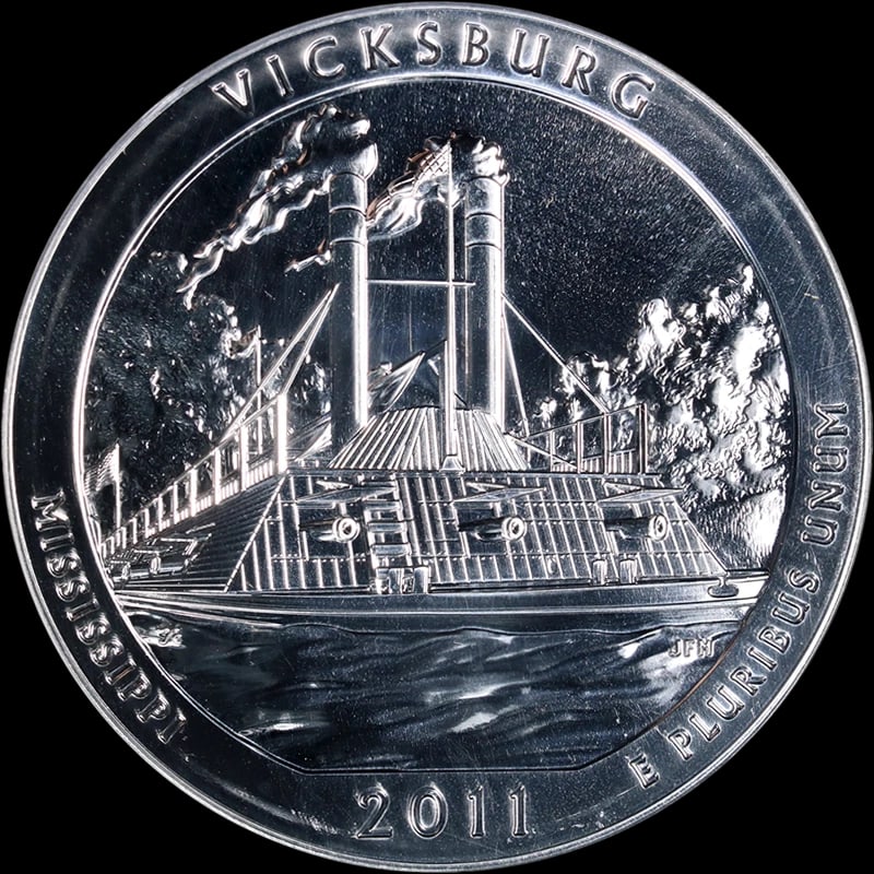 2011 VICKSBURG NATIONAL PARK ATB SILVER: 2011 Vicksburg National Park ATB Silver Year: 2011 Fineness: 0.999 Composition: Silver Denomination: None Country of Origin: United States Accessories: None Accessories Notice: When