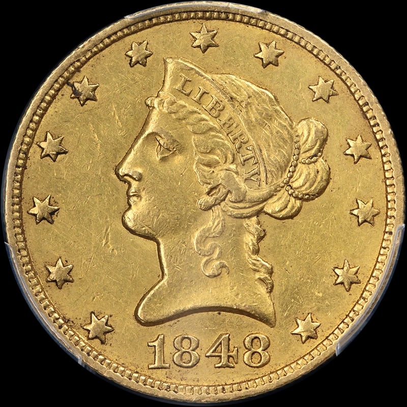 1848-O LIBERTY GOLD $10: 1848-O Liberty Gold $10 Year: 1848 Fineness: 0.9 Composition: Gold Denomination: $10 Country of Origin: United States Accessories: None Accessories Notice: When purchasing pre-owned goods,
