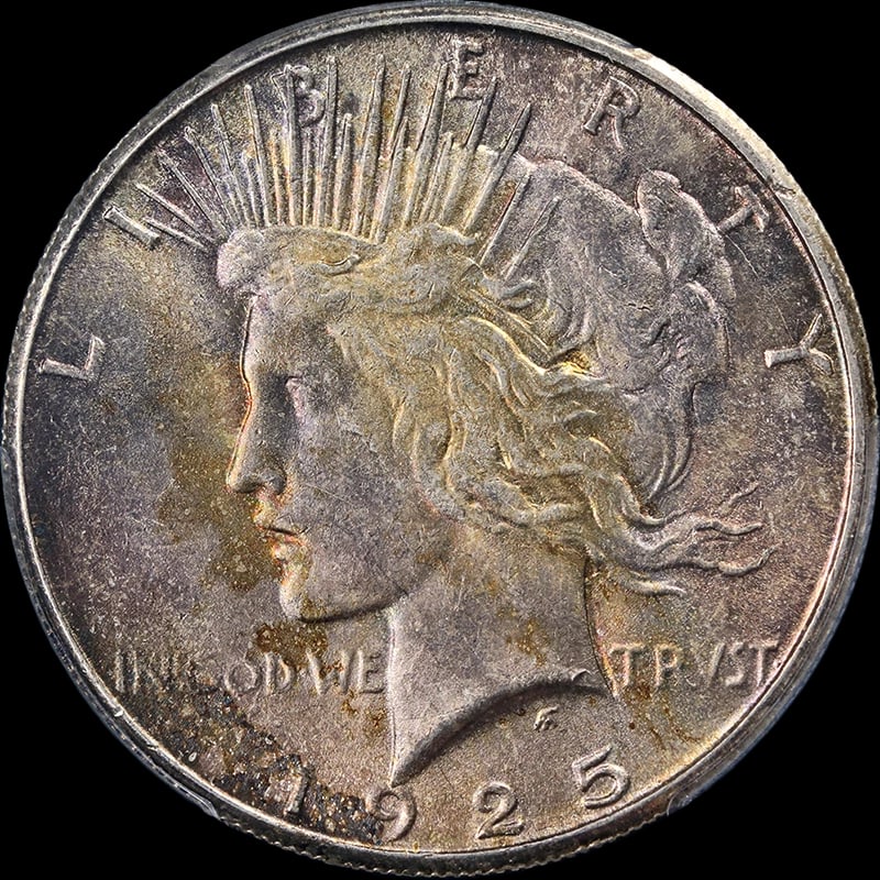 1925-S PEACE DOLLAR NEAT TONING GREAT: 1925-S Peace Dollar Neat Toning Great Year: 1925 Fineness: 0.9 Composition: Silver Denomination: None Country of Origin: United States Accessories: None Accessories Notice: When purchasing
