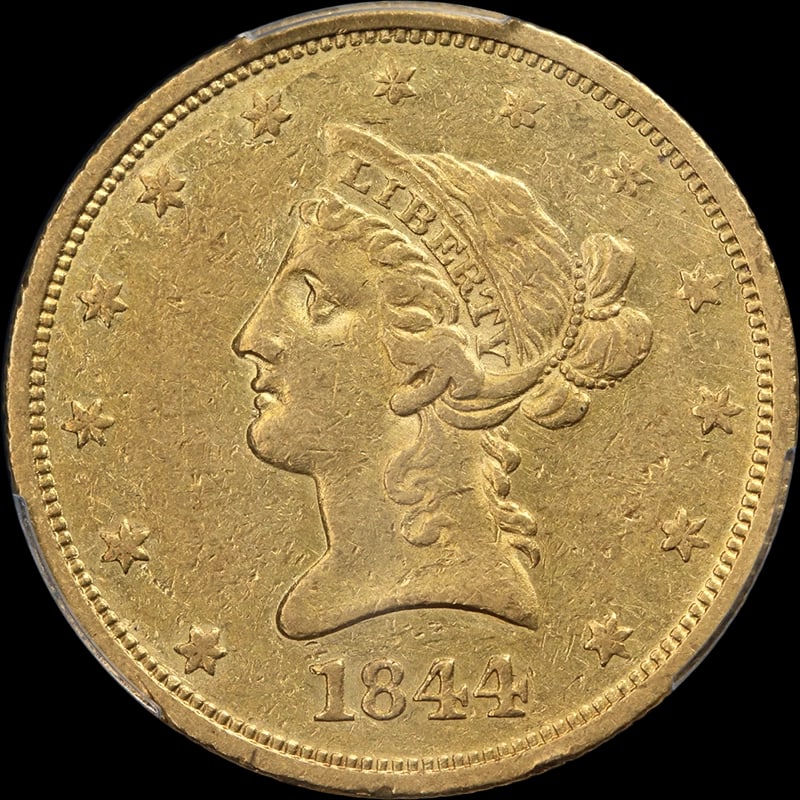 1844-O LIBERTY GOLD $10: 1844-O Liberty Gold $10 Year: 1844 Fineness: 0.9 Composition: Gold Denomination: $10 Country of Origin: United States Accessories: None Accessories Notice: When purchasing pre-owned goods,