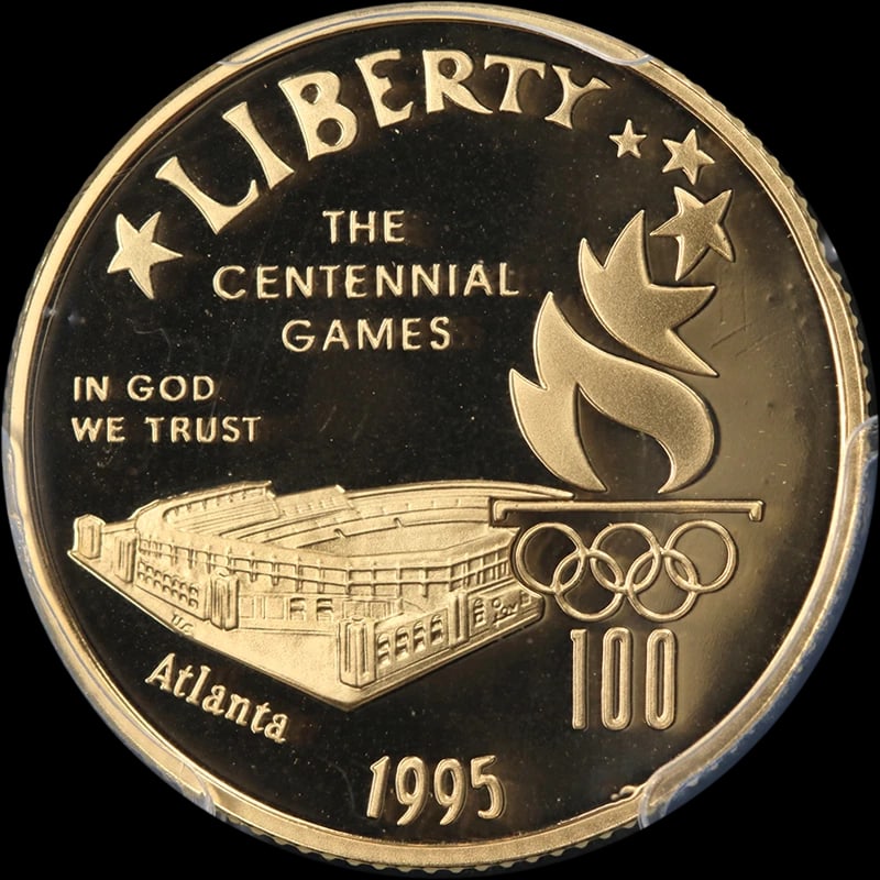 1995-W ATLANTA OLYMPIC: STADIUM COMMEMORATIVE GOLD $5: 1995-W Atlanta Olympic: Stadium Commemorative Gold $5 Year: 1995 Fineness: 0.9 Composition: Gold Denomination: $5 Country of Origin: United States Accessories: None Accessories Notice: When