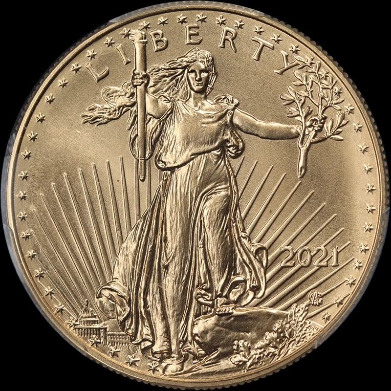 2021 GOLD AMERICAN EAGLE $50: 2021 Gold American Eagle $50 Year: 2021 Fineness: 0.9167 Composition: Gold Denomination: $50 Country of Origin: United States Accessories: None Accessories Notice: When purchasing pre-owne