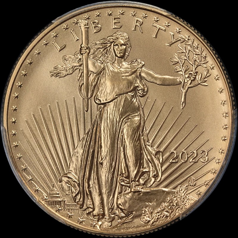 2023 GOLD AMERICAN EAGLE $50: 2023 Gold American Eagle $50 Year: 2023 Fineness: 0.9167 Composition: Gold Denomination: $50 Country of Origin: United States Accessories: None Accessories Notice: When purchasing pre-owne