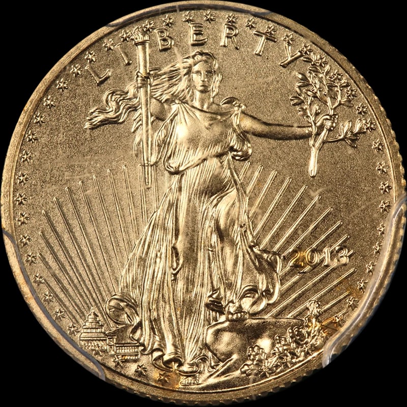 2013 GOLD AMERICAN EAGLE $5: 2013 Gold American Eagle $5 Year: 2013 Fineness: 0.9167 Composition: Gold Denomination: $5 Country of Origin: United States Accessories: None Accessories Notice: When purchasing pre-owned
