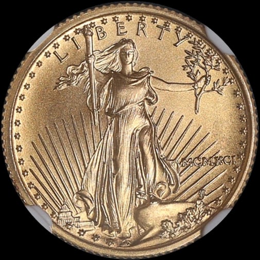 1991 GOLD AMERICAN EAGLE $5: 1991 Gold American Eagle $5 Year: 1991 Fineness: 0.9167 Composition: Gold Denomination: $5 Country of Origin: United States Accessories: None Accessories Notice: When purchasing pre-owned