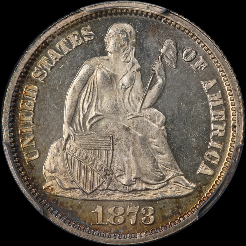1873 SEATED LIBERTY DIME PROOF: 1873 Seated Liberty Dime Proof Year: 1873 Fineness: 0.9 Composition: Silver Denomination: None Country of Origin: United States Accessories: None Accessories Notice: When purchasing pre-owned