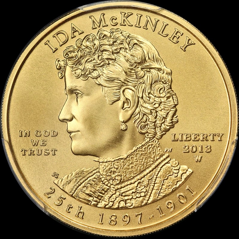 2013-W FIRST SPOUSE GOLD $10: 2013-W First Spouse Gold $10 Year: 2013 Fineness: 0.9999 Composition: Gold Denomination: $10 Country of Origin: United States Accessories: None Accessories Notice: When purchasing pre-owned