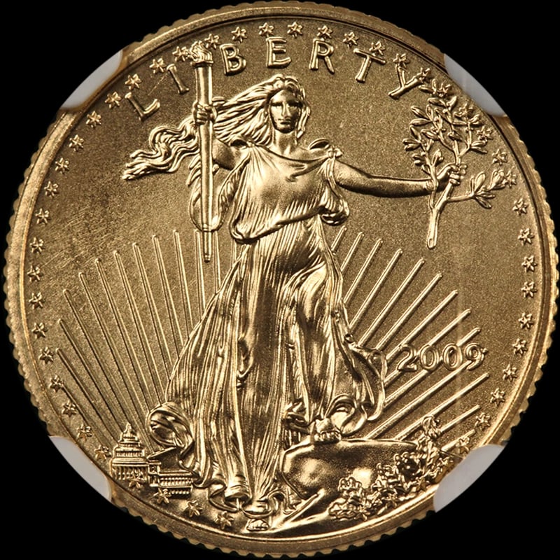 2009 GOLD AMERICAN EAGLE $5: 2009 Gold American Eagle $5 Year: 2009 Fineness: 0.9167 Composition: Gold Denomination: $5 Country of Origin: United States Accessories: None Accessories Notice: When purchasing pre-owned