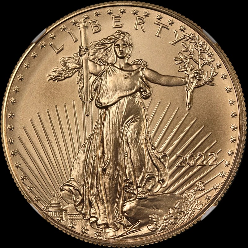 2022 GOLD AMERICAN EAGLE $50: 2022 Gold American Eagle $50 Year: 2022 Fineness: 0.9167 Composition: None Denomination: $50 Country of Origin: United States Accessories: None Accessories Notice: When purchasing pre-owne