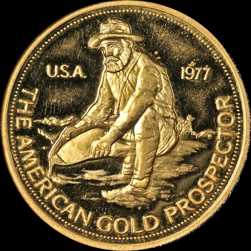 1977 GOLD ENGELHARD PROSPECTOR: 1977 Gold Engelhard Prospector Year: 1977 Fineness: 0.9999 Composition: Gold Denomination: None Country of Origin: United States Accessories: None Accessories Notice: When purchasing