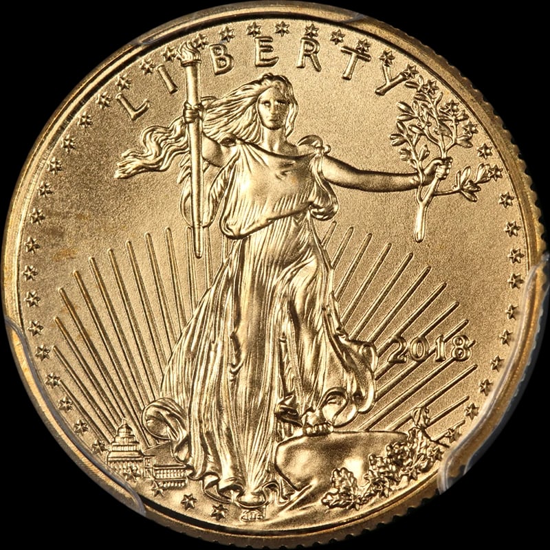 2018 GOLD AMERICAN EAGLE $5: 2018 Gold American Eagle $5 Year: 2018 Fineness: 0.9167 Composition: Gold Denomination: $5 Country of Origin: United States Accessories: None Accessories Notice: When purchasing pre-owned