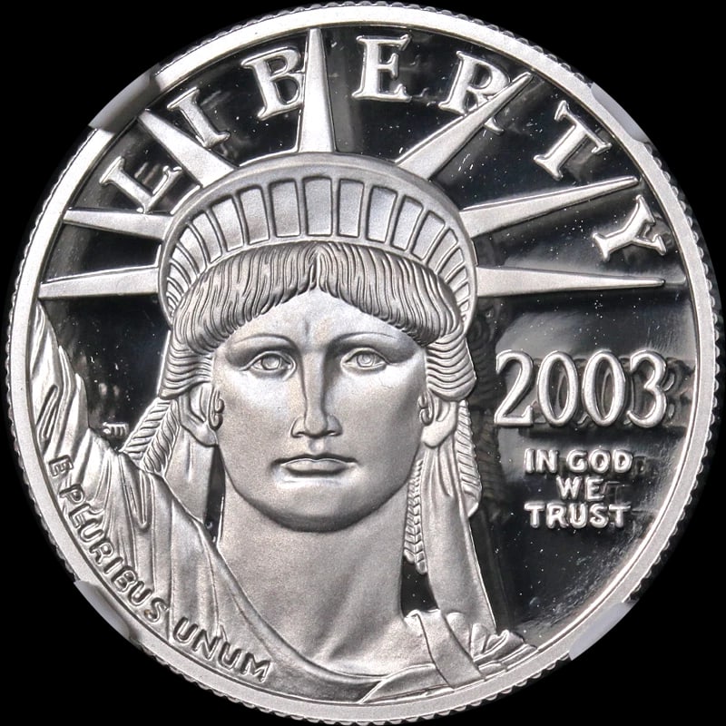 2003-W PLATINUM AMERICAN EAGLE $50: 2003-W Platinum American Eagle $50 Year: 2003 Fineness: 0.9995 Composition: Platinum Denomination: $50 Country of Origin: United States Accessories: None Accessories Notice: When purchasing