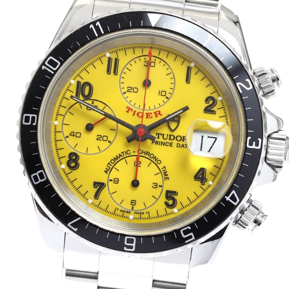 TUDOR CHRONOTIME TIGER YELLOW WATCH: TUDOR Chronotime Tiger yellow Watch Brand: TUDOR Type: Wristwatch Material: Band Material Stainless Steel, Case Material Stainless Steel Color: Band Color Silver, Dial Color yellow, Case Color