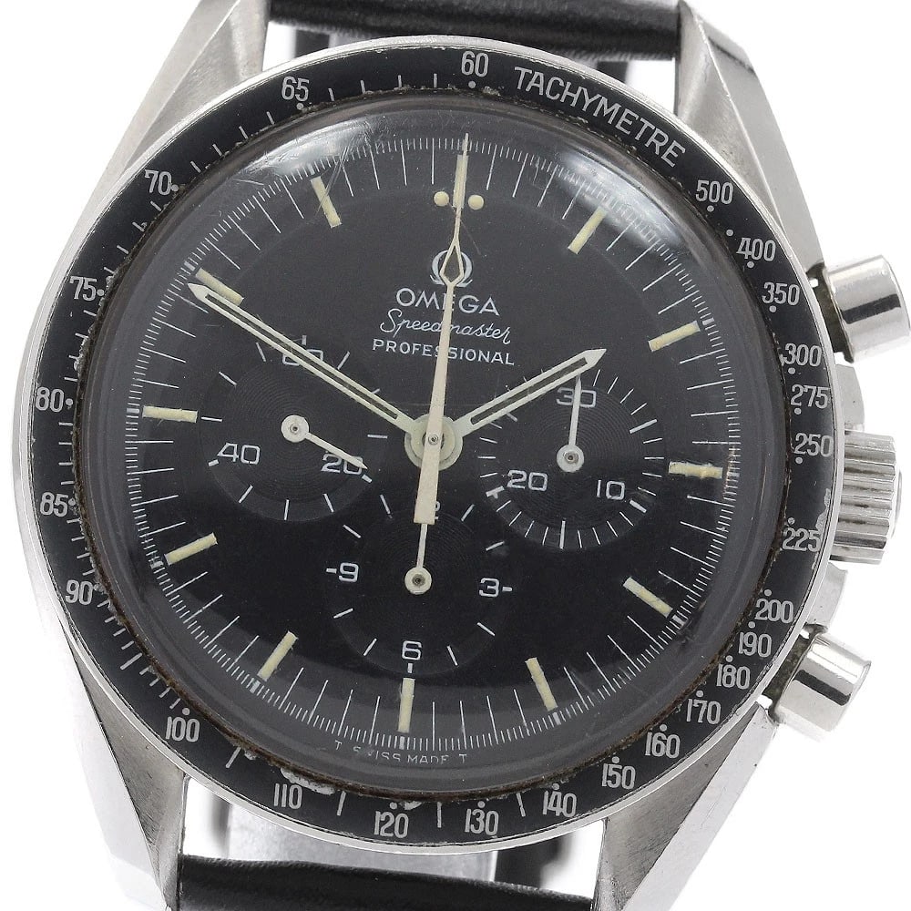 OMEGA SPEEDMASTER WATCH: OMEGA Speedmaster Watch Brand: OMEGA Type: Wristwatch Material: Band Material leather, Case Material Stainless Steel Color: Band Color black, Dial Color black, Case Color Silver Size: Case