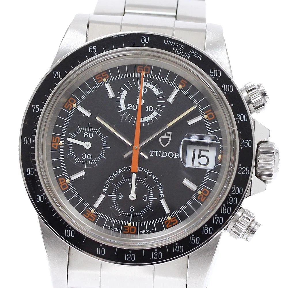 TUDOR OYSTER CHRONO BLACK WATCH: TUDOR Oyster Chrono black Watch Brand: TUDOR Type: Wristwatch Material: Band Material Stainless Steel, Case Material Stainless Steel Color: Band Color Silver, Dial Color black, Case Color